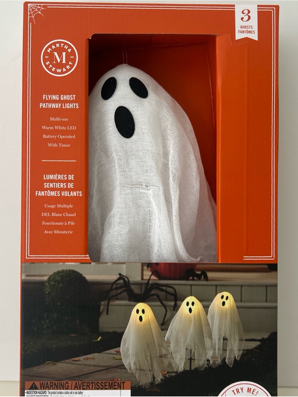 Martha Stewart Halloween Decor 3 White Flying Ghost Pathway Lights w Timer NEW